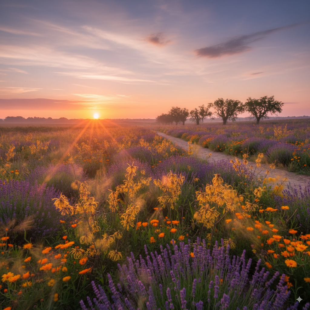 Sunset over a field of calendula, lavender and witch hazel with trees in the distance.